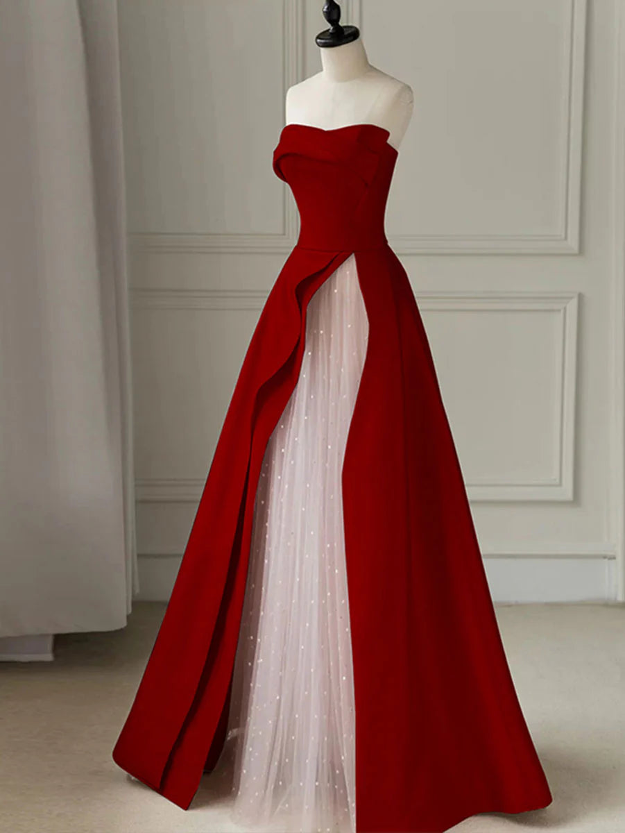 Luolandi A line Burgundy Satin Long Prom Dress Formal Dress Off Shoulder Elegant Evening Dress